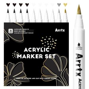 Arrtx アクリルペイントペン 10 パック (黒4 白4 金1 銀1)、水性ペン ペイントマーカー カラーペン ソフトブラシチップ 細筆