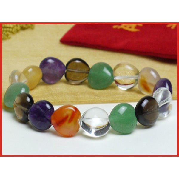 ブレスレット ハート 5つの力 本水晶 翡翠 煙水晶 メノウ アメジスト パワーストーン