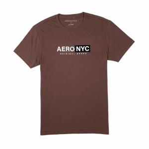 エアロポステール AEROPOSTALE メンズ Men's 半袖 Tシャツ Aero NYC Box Logo Appliqu? Graphic Tee ブラウン Brown｜vinaoutfitters