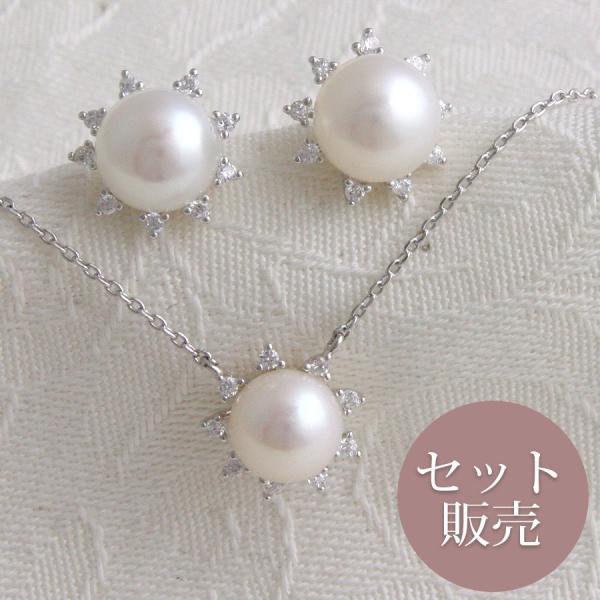 淡水パール×ストーンネックレス＆ピアス・イヤリングセット c3133set