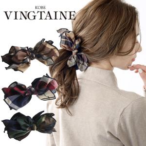 リボン バナナクリップ チェック柄 大きめリボン フェミニン