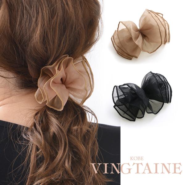 オーガンジーフリルポニーフック リボン シアー ヘアカフ ヘアアクセサリー H7409