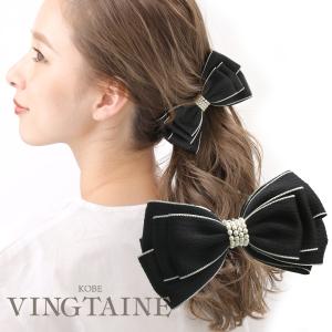 バナナクリップ パール リボン ブラック ヘアアクセサリー 上品 大人カジュアル  H7592｜vingtaine