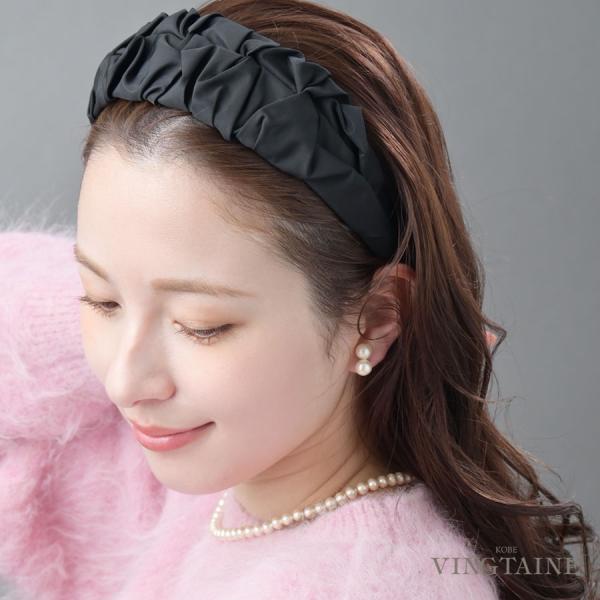 ギャザー幅広カチューシャ くしゅくしゅ  大人上品 ボリューム シンプル ヘアアクセ ブラック ブラ...