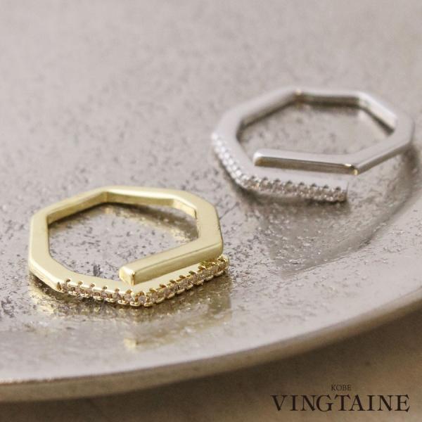 リング カフリング オープンリング ダブルライン 指輪 ストーン  大人 シンプル  R-187