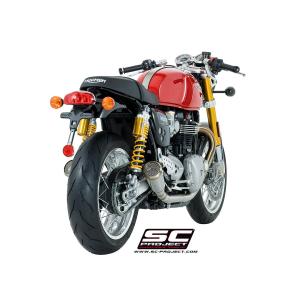 バイク マフラー SCプロジェクト トライアンフ THRUXTON 1200 / R  ステンレス コニカル '70s  ツイン・スリップオン ショートバージョン｜vio0009