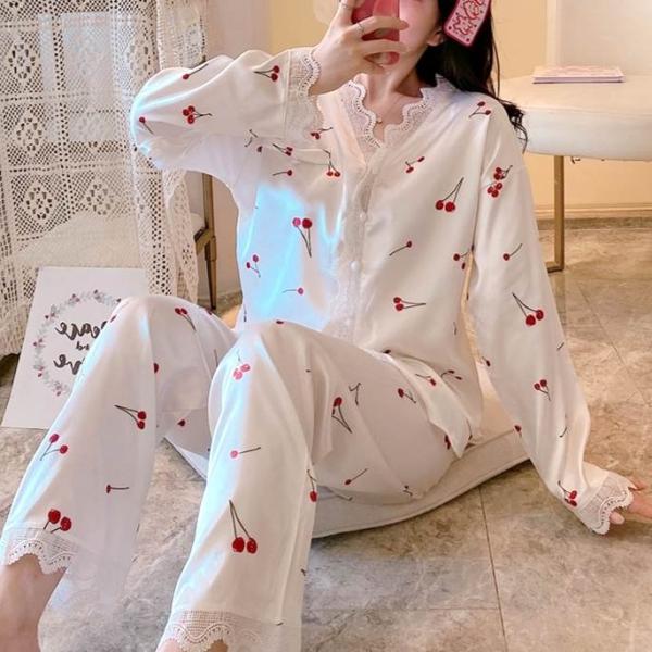 パジャマ 長袖 レース プリント柄 美肌 ロングスリーブ レース かわいい リラックス 涼しい 快眠...