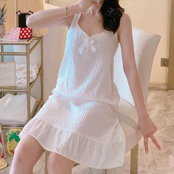 ナイトウエア 袖フリル ホワイト ワンピース レディース ノースリーブ フレンチ 裾フリル Aライン...