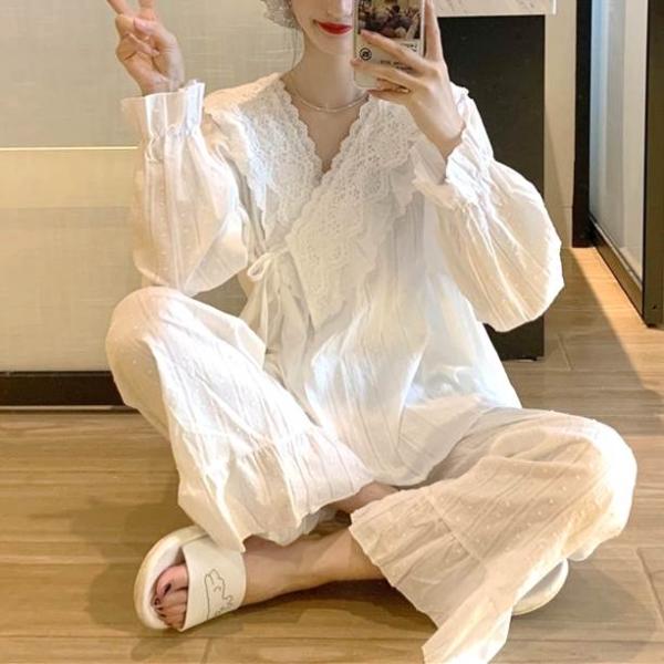 パジャマ レディース 白 トップス長袖 長ズボン 上下セット 可愛い フリル キャンディースリーブ ...