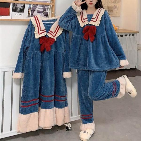 パジャマ レディース セーラー服 ワンサイズ 秋 冬 セットアップ コーラル ベルベット リボン ネ...