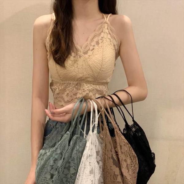 レディース インナーウエア トップス レース キャミソール ホワイト ブラック アプリコット ブラウ...