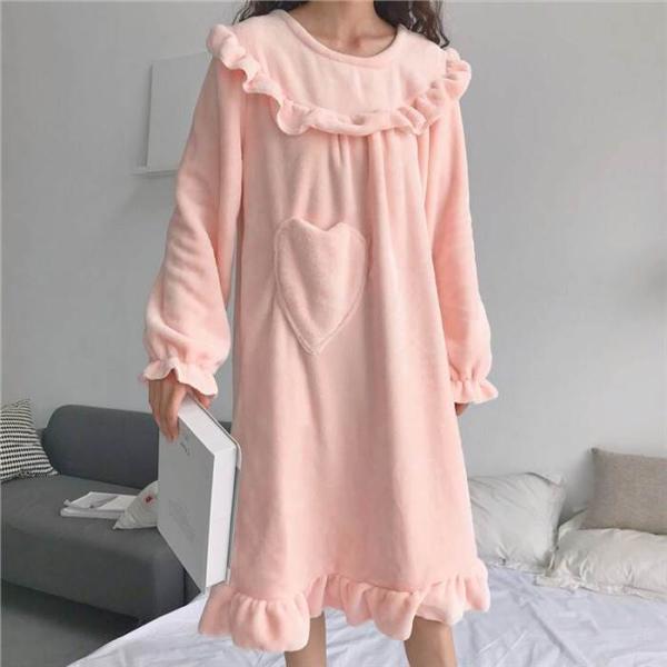 柔らかパジャマ ワンピース 長袖 ハート型ポケット レディース ラウンドネック フリル付き 袖口ゴム...