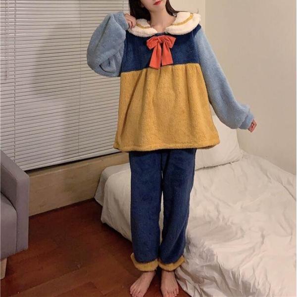 着る毛布 上下セットパジャマ レディース ナイトウエア 長袖 大きめ襟 リボン付き パフスリーブ 下...