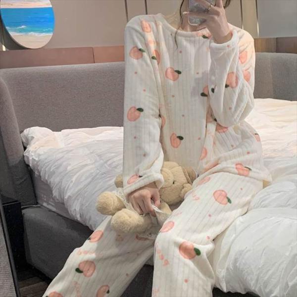 パジャマ上下 ピーチ柄 薄手 長袖 レディース ナイトウエア 総柄 初秋 秋 ラウンドネック ズボン...