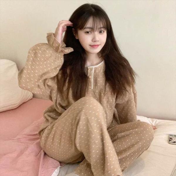 秋パジャマ 薄手 水玉 レディースナイトウエア 袖口ゴム入り ラウンドネック 上下セット プルオーバ...