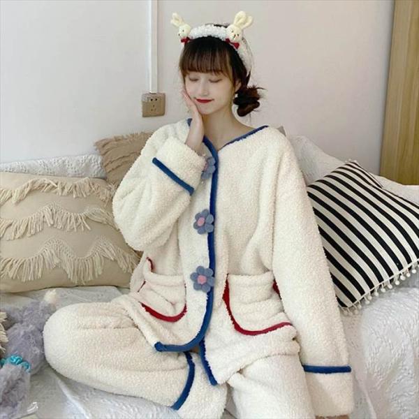 レディースパジャマ 長袖 前ボタン 白 襟なし Vネック 前開き お花ボタン トリコロールカラー 柔...