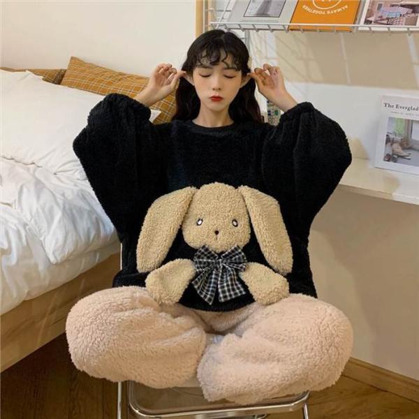ウサギパジャマ 上下セット 長袖 レディースナイトウエア ラウンドネック 長めトップス 立体ウサギ ...
