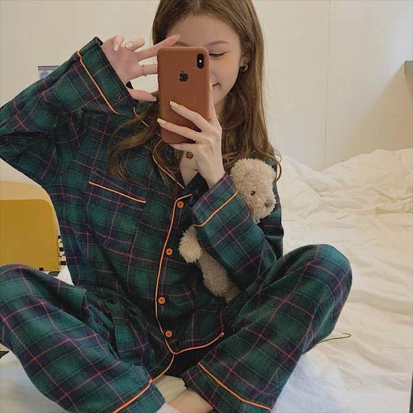 チェック柄パジャマ 上下セット 長袖 レディースナイトウエア 開襟 グリーン系 前ボタン 前開き 格...