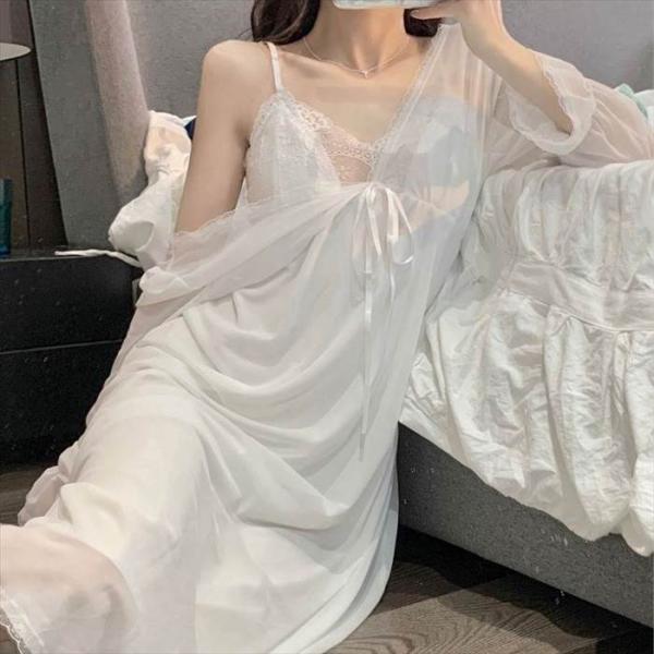 レディースナイトウエア パジャマ ワンピース 長袖 キャミ付き 肩ストラップ ネグリジェ ナイトドレ...