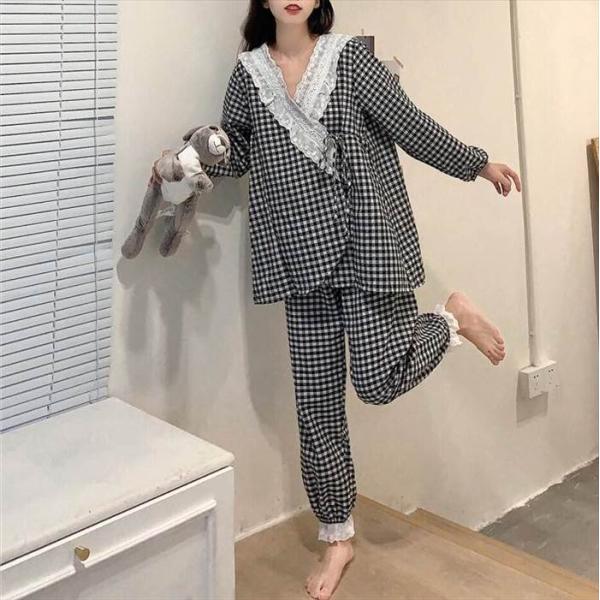 レディース パジャマ ブラック チェック柄 上下セット フリル レース ワンサイズ ゆったり ルーズ...