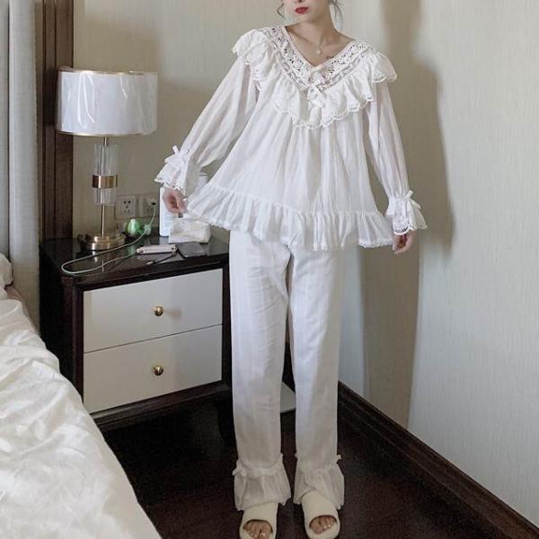 レディース トレンドパジャマ 上下セット ツーピース ワンサイズ ホワイト レース 秋 冬 新作 フ...