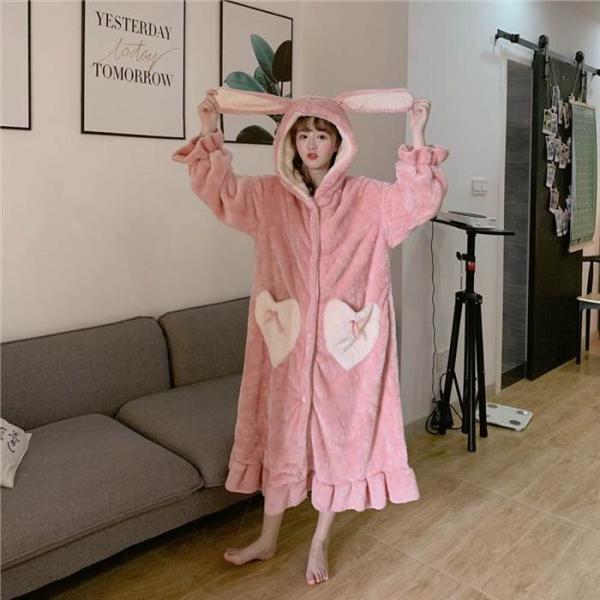 ナイトガウン レディース うさぎ 耳付きフード 暖かい トレンド 秋冬ファッション 寝間着 寝具 ナ...