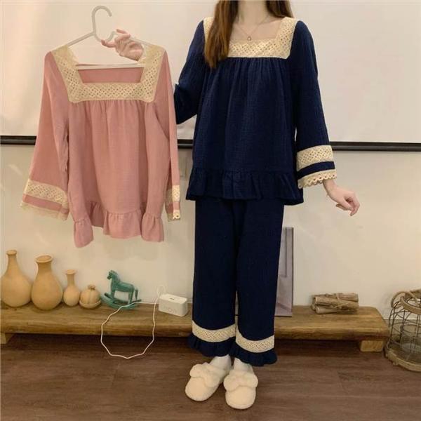 パジャマ 部屋着 上下セット 長ズボン トップス レース スクエアネック フリル ワンサイズ ピンク...