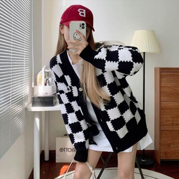 トップス レディース ニット カーディガン ドロップショルダー 長袖 チェック 5サイズ サイズ豊富...