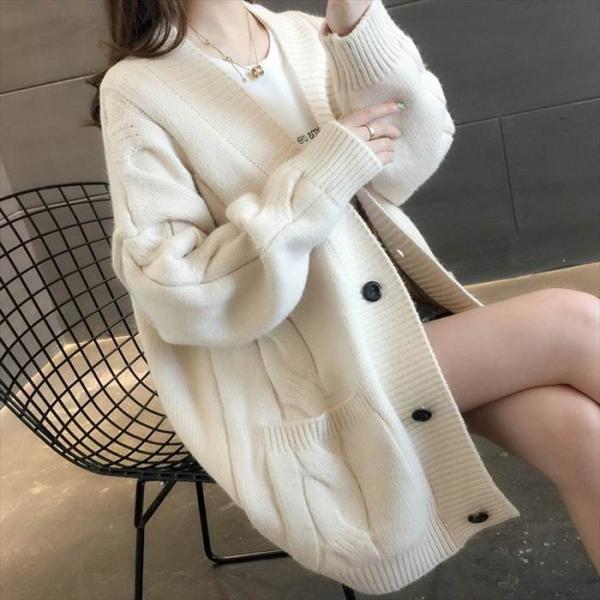 トップス レディース ニット カーディガン ドロップショルダー 長袖 ケーブル編み ボタン ポケット...