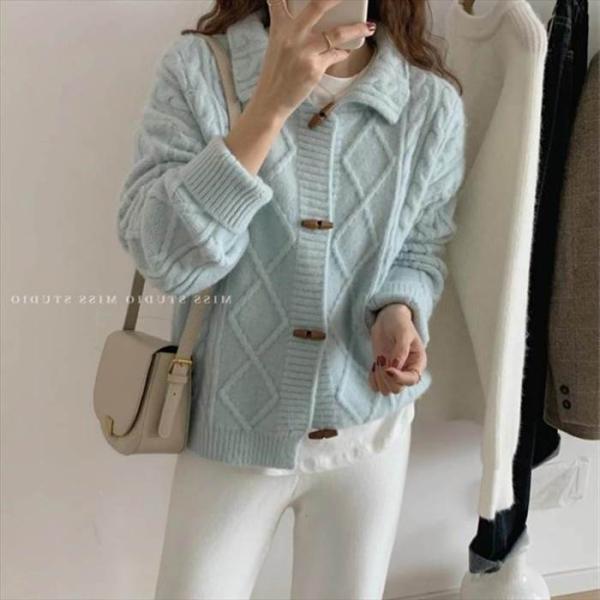 トップス レディース カーディガン ドロップショルダー 襟付き 長袖 ケーブル編み 水牛ボタン 5カ...