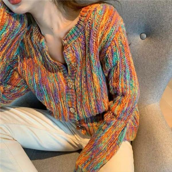 トップス レディースニット カーディガン クルーネック かすり糸 ボタン 長袖 ４サイズ マルチカラ...