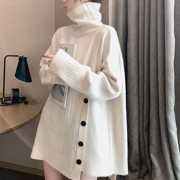 トップス レディース ニット チュニック プルオーバー タートルネック リブ サイドボタン ５サイズ...