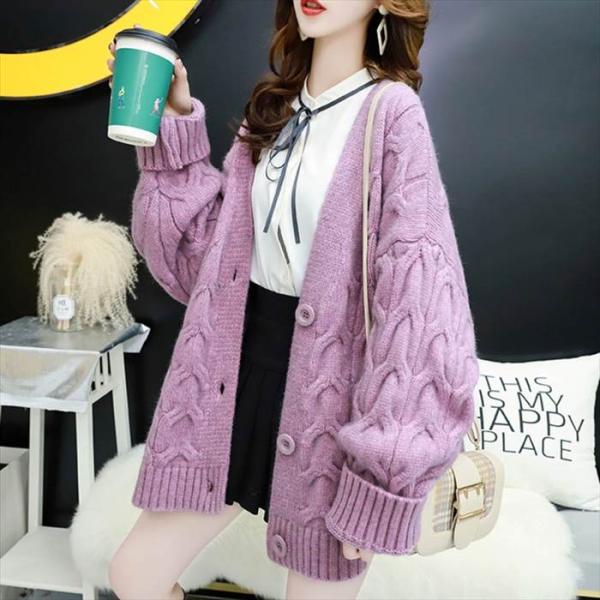 トップス レディース ニット カーディガン ドロップショルダー ビッグシルエット ケーブル編み ボタ...