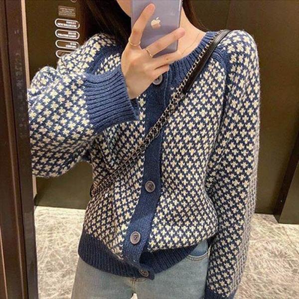 ニット カーディガン ドルマンスリーブ クルーネック 柄物 ジャガード ボタン ブルー トップス レ...