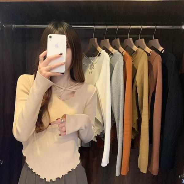 トップス レディース 長袖 ニット セーター 貝 シェル 伸縮性  灰 グレー ベージュ 茶 ブラウ...