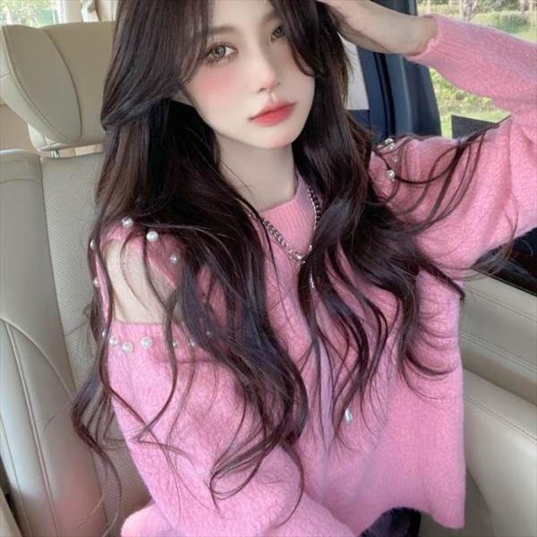 トップス レディース 女性用 長袖 ショート丈 ニット セーター 肩出し 丸襟 飾り ビジュー パー...