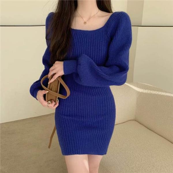 レディース ワンピース ニットワンピース  黒 ブラック 青 ブルー 灰色 グレー ベージュ 海外デ...