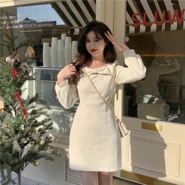 ワンピース レディース Aラインワンピース ミニ丈 ショート丈 長袖 無地 春 セミフレア リボン ...