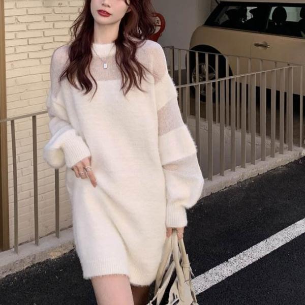 レディース ニットワンピース ニットセーター パフスリーブ 長袖 ショートスカート ニットドレス シ...