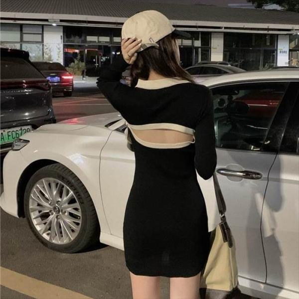 レディース ワンピース タイトワンピース 白 ホワイト 黒 ブラック ミニ丈 ショート丈 長袖 無地...