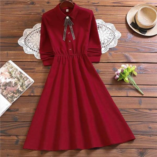 ワンピース レディース ひざ丈 膝丈 ミモレ丈 ミディアム丈 袖あり 長袖 襟付き ボウタイ ボタン...