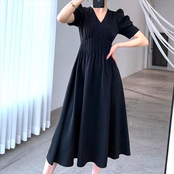 レディース ドレススカート ワンピース ブラック 黒 新作 半袖 パフスリーブ 無地 シンプル 綺麗...