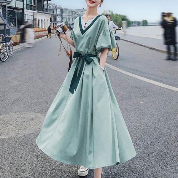 レディース パフスリーブ 半袖 ドレス ワンピースドレス 夏 新しい 韓国バージョン ルーズ ウエス...