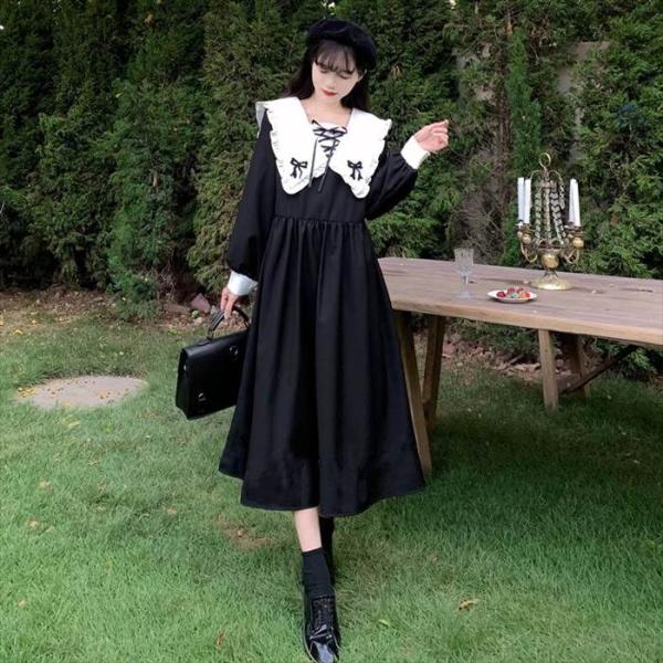 レディース ブラックワンピース ワンピドレス パフスリーブ お出かけファッション リボン あみあみ ...