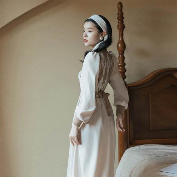 ワンピース レディース ロング ロング丈 袖あり 長袖 Uネック 襟なし 切り替えデザイン ドッキン...