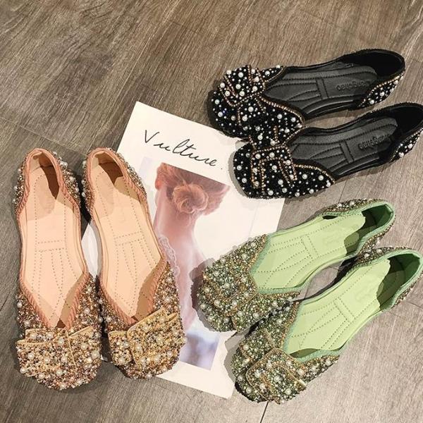 レディース スリッポン 靴 新作 SNS 話題 ニュースタイル フラットシューズ ぺったんこ パール...