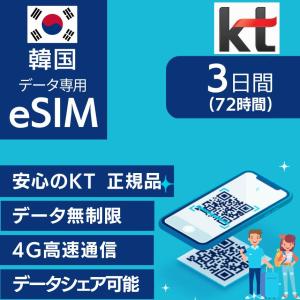 韓国 eSIM 3日間 72時間 KT 正規品 プリペイドSIM e-SIM 韓国旅行 高速 4G LTE データ無制限 土日可 KTインターネット