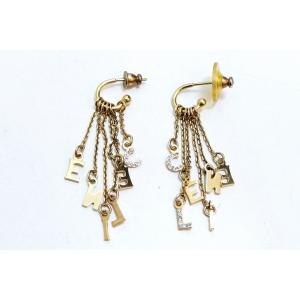 【希少】 CELINE セリーヌ  ロゴ ラインストーン チェーン スイングピアス ゴールド