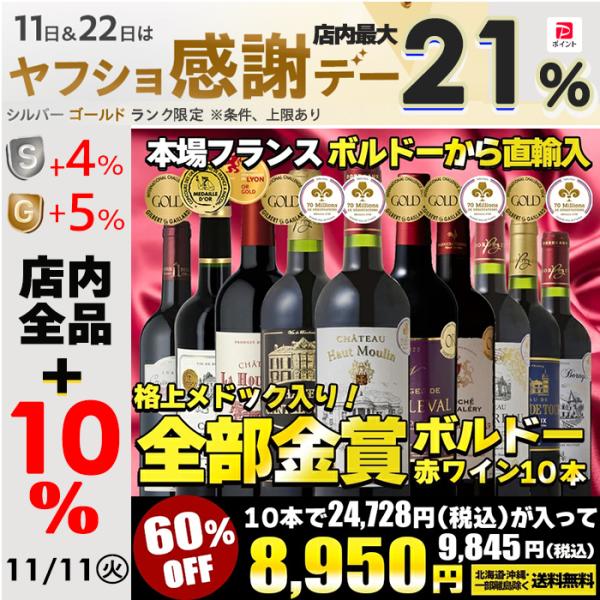 ワイン ワインセット 全て金賞受賞 大銘醸地メドック入り ボルドー赤ワイン 10本セット 赤ワインセ...