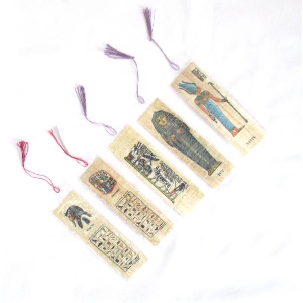 エジプト製のパピルス紙のしおり５枚セット】【タイプ5 】【ヒエログリフ柄パピルスのブックマーク５種類...